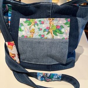 Hand Crafted Blue Denim Patchwork Shoulder Bag with Stitch, Tinkerbell & Pooh